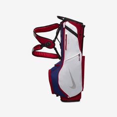 a red, white and blue nike golf bag