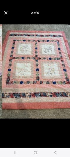 two pictures of a pink quilt on the floor and one has an image of a cat