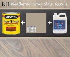 some paint and other items are sitting on a table top with the words rh weathered gray stain recipe