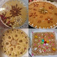 four different types of cakes on plates with flowers and pearls around them, all decorated in various colors