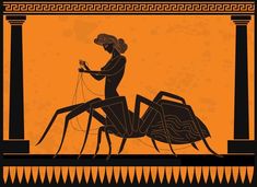 an ancient greek vase with a woman sitting on the back of a bug, holding a string