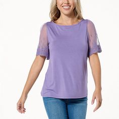 Colleen Lopez Lace-Sleeve Top For sophisticated summer style, this top makes the perfect complement to other Colleen Lopez favorites, and more. Stretch Short Sleeve Spring Tops, Stretch Short Sleeve Tops For Spring, Stretch Purple T-shirt For Spring, Spring Stretch Purple Top, Purple Stretch Top For Spring, Purple Stretch Tops For Summer, Spring Stretch Mesh Top With Short Sleeves, Summer Purple Blouse With Crew Neck, Spring Purple Crew Neck Top