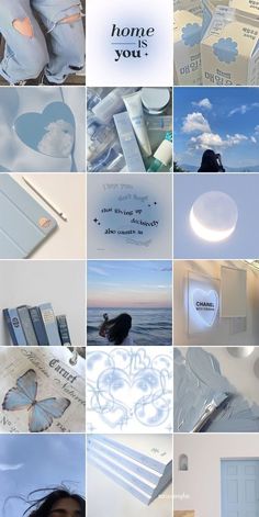 a collage of photos with blue and white colors in the sky, clouds, heart shaped objects, and words written on them