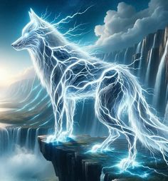 a white wolf standing on top of a cliff next to a waterfall in the sky