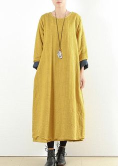 Unique yellow cotton clothes Women thick warm  Maxi o neck Dresses

 Materials used: cotton  blended

Measurement:One size fits all for this item. Please make sure your size doesn't exceed this size: XXL/BUST-114cm   
   
length 117cm / 45.63"
Shoulder 42cm / 16.38"
Sleeve length 59cm / 23.01"
Armhole 40cm / 15.6"
Cuff 32cm / 12.48"
bust 114cm / 44.46"
Waist 124cm / 48.36"
hem 158cm / 61.62"



We ship worldwide.

Tracking numbers provided for all orders. Loose Dress Outfit, Loose Black Dress, New Long Dress, Long Fall Dresses, Dresses Materials, Fall Fashion Dresses, Cocoon Dress, Plus Size Fall, Fall Dress Outfit