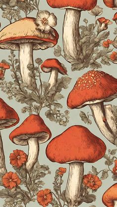 a group of mushrooms and flowers on a blue background with orange, white, and brown colors