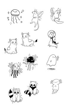 an image of various cartoon animals in black and white