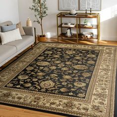 a living room filled with furniture and a rug on top of a hard wood floor