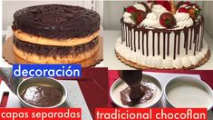 chocolate cake and other desserts are shown in this collage with words describing how to decorate