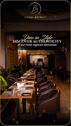 a restaurant with long tables and chairs in front of the sign that says, bistrover authenticity