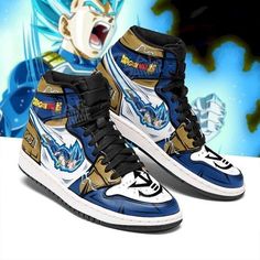 a pair of blue and white sneakers with anime characters on them, one has his mouth open