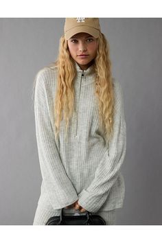 Match it to the AE High-Waisted Wide-Leg Sweater Pant!/Super soft ribbed sweater knit/Mock neck with quarter-zip closure/Ribbed collar, cuffs & hem Oversized Quarter Zip, Crochet Tank Tops, White Jeans Men, American Eagle Sweater, Quarter Zip Sweater, Crochet Halter Tops, Light Sweater, Women Denim Jeans, Mens Outfitters