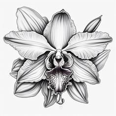 a black and white drawing of a flower with large leaves on it's petals