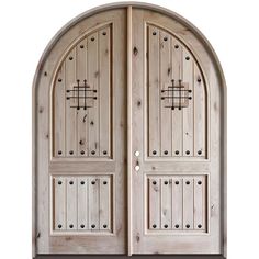 an arched wooden door with crosses on the top and bottom panel, in front of a white background