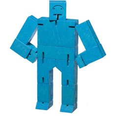 a blue wooden toy figure with arms and legs folded in the shape of a man