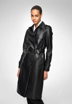 Women's Trench Leather Coat In Black With Belted Waist Luxury Black Leather Jacket, Elegant Black Outerwear With Leather Lining, Elegant Black Leather Outerwear, Belted Leather Jacket For Office, Office Leather Belted Jacket, Black Belted Leather Jacket, Black Belted Leather Jacket For Formal Occasions, Belted Leather Jacket For Business, Luxury Long Leather Workwear Jacket