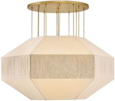 a light fixture hanging from the ceiling with white fabric and gold chain around it's edges