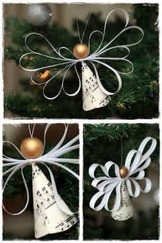 three pictures of bells hanging from a christmas tree with music notes on them and gold balls in the middle