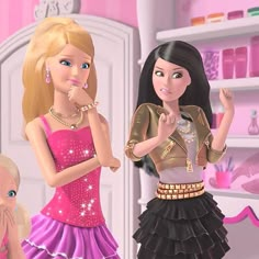 two barbie dolls standing next to each other in a pink and white room with shelves