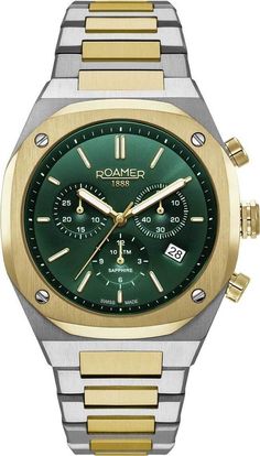 Roamer 854837 47 75 50 Stingray R7 Chrono green silver gold Steel Men's Watch NEW ROAMER STINGRAY R7 CHRONO 854837 47 75 50 Men's Watch FEATURES: Date MOVEMENT: Quartz (Ronda 5030.D) GLASS: Sapphire Glass DIAL COLOR: green CASE WIDTH: 40 mm CASE MATERIAL: Stainless Steel CASE COLOR: silver/gold BAND MATERIAL: Stainless Steel BAND COLOR: silver/gold WATER RESISTANCE: 10 ATM EAN 7640185788251 SWISS MADE BRAND NEW WITH TAG, BOX & PAPERS 2 YEAR INTERNATIONAL WARRANTY powered by plentymarkets Modern Yellow Gold Chronograph Watch With Chronometer, Formal Green Chronograph Analog Watch, Formal Green Analog Chronograph Watch, Formal Green Chronograph Watch, Timeless Green Watch Accessories With Metal Dial, Classic Green Chronometer Watch, Classic Green Chronograph Watch With Chronometer, Classic Green Chronograph Watch, Timeless Green Chronograph Watch