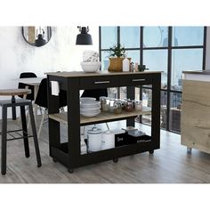 a kitchen island with two stools in front of it and an open shelf on the side