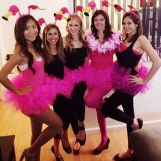 four beautiful women in pink and black dresses posing for a photo with one woman dressed as a flamingo