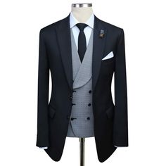 Black Three-piece Suit For Groom With Notch Lapel, Black Three-piece Suit With Notch Lapel For Groom, Black Three-piece Suit With Notch Lapel For Wedding, Classic Black Three-piece Suit For Groom, Professional Black Slim Fit Blazer, Professional Slim Fit Black Blazer, Black Tailored Suit For Groom, Tailored Black Suit For Groom, Black Notch Lapel Suit For Groom