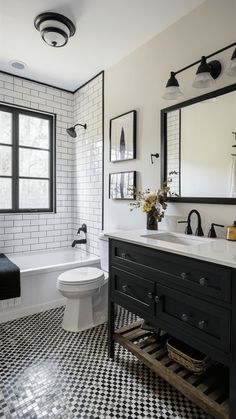 black and white bathroom with checkered floor