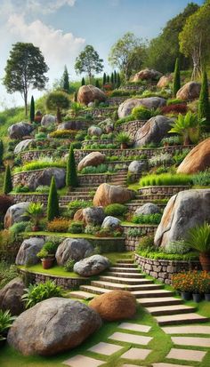 a painting of steps leading up to a lush green hillside with lots of trees and bushes