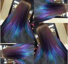 Peacock Hair Color, Oil Slick Hair, Slick Hair, Peacock Hair, Galaxy Hair, Hair Dyed, Hair Color Crazy, Hair Color Purple, Pretty Hair Color