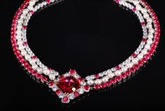 crystal-embellished diamond shape necklace with pink emerald accents. Nana Jacqueline, Pink Emerald, Diamond Shape, Dark Pink, Diamond Shapes, Final Sale, Diamond Necklace, Emerald, Bangles