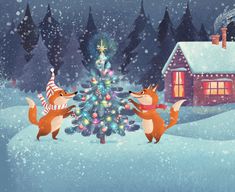 two foxes standing in front of a christmas tree