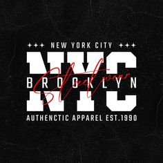 the new york city brooklyn logo is shown in red and white on a black background