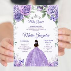 a woman holding up a purple princess birthday card with roses on it and the words miss quince