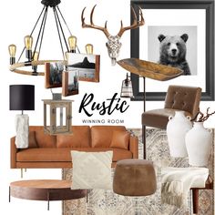 a living room filled with furniture and pictures on it's walls, including an animal head