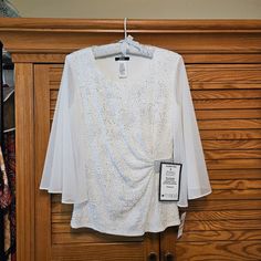 Sheer Evening Top With 3/4 Sleeves, Glitter And Fancy Diamond Buckle Spring Evening Blouse With 3/4 Sleeves, Elegant Top With 3/4 Sleeves For Party, White Sequined Blouse For Spring, Spring White Sequin Blouse, Evening Tops, Fancy Diamonds, Woven Top, Color White, Top Blouse