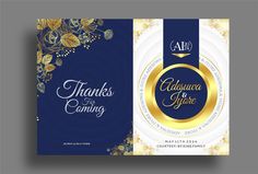 a blue and gold brochure with flowers on the front, and an image of a