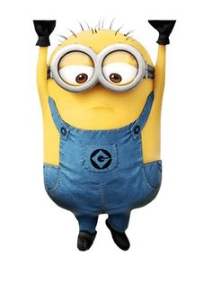 a cartoon minion with glasses and overalls is in the air above his head