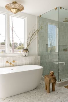 a white bath tub sitting next to a window in a bathroom with a wooden stool