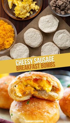 Breakfast bombs stacked, the top is cut open showing the filling of the breakfast bomb.  The top image is the assembly, showing the buttermilk biscuits, eggs, cheese, and cooke sausage. Easy Breakfast Ideas Grab And Go, Brunch Ideas In Crockpot, Pick Up Breakfast Ideas, Filling Easy Breakfast, Easy Breakfast To Feed A Crowd, Premade Breakfast Ideas For Kids, What To Bring To A Breakfast Potluck, Easy Bulk Breakfast Ideas, Easy Breakfast Ideas To Go