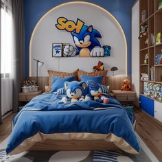 a bedroom with sonic the hedgehog bedding