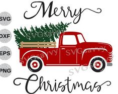 a red truck with a christmas tree in the back and merry lettering on the side