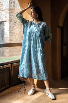 Blue cotton gathered yoke dress with batik print and thread embroidery. Comes along coordinating inner. - Aza Fashions Summer Shirt Dress, Yoke Dress, Shirt Jacket Men, Shirt Dress Summer, Blue Embroidery, Batik Prints, Dress Suits, Embroidery Details, Dress For Women