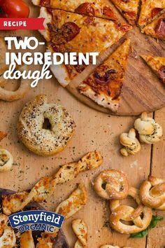 the cover of two ingredient dough is shown with pretzels, pizza and bagels