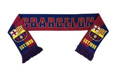 a scarf with the name barcelon written in red, blue and yellow on it