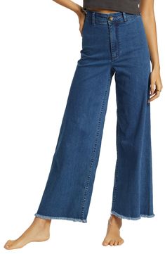 These high-waist jeans are ready for a sunset stroll with frayed hems and an easygoing wide-leg silhouette. 28" inseam; 22" leg opening; 12" front rise; 16" back rise (size 29) 98% cotton, 2% elastane Machine wash, tumble dry Imported Washed Blue Cotton Wide-leg Flare Jeans, Light Wash Wide-leg Jeans With Frayed Hem, Non-stretch Blue Denim Wide Leg Pants, Pre-washed Denim Blue Wide Leg Bottoms, Pre-washed Wide Leg Cotton Jeans, Free Falling, Waist Jeans, Billabong, High Waisted Pants