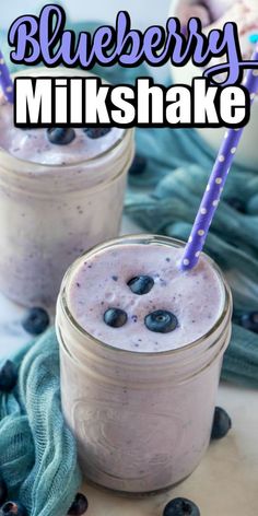 two mason jars filled with blueberry milkshake