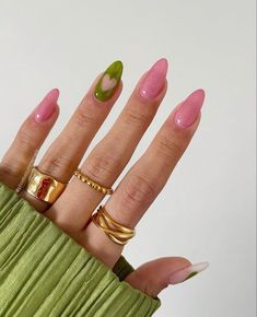 90s Nails Inspiration, Pink And Green Nails Wicked, Pink And Green Tip Nails, Pink Wicked Nails, Nail Art Pink And Green, Wicked Nails Musical Pink And Green, Elphaba Inspired Nails, Wicked Inspired Nails Pink And Green, Pink Green Nail Art