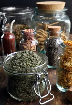 several jars filled with different types of herbs