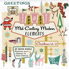 an advertisement for the mid century modern elements christmas vol 2, featuring holiday decorations and ornaments